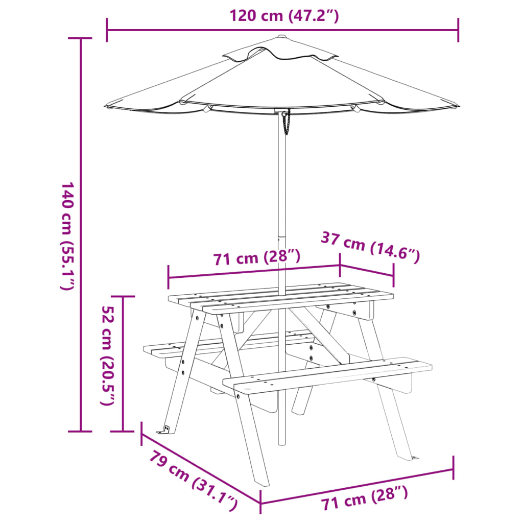 Picknicktafel voor 4 kinderen met parasol massief vurenhout Tuintafels | Creëer jouw Trendy Thuis | Gratis bezorgd & Retour | Trendy.nl