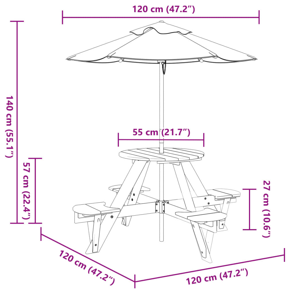 Picknicktafel voor 4 kinderen met parasol rond vurenhout Tuintafels | Creëer jouw Trendy Thuis | Gratis bezorgd & Retour | Trendy.nl