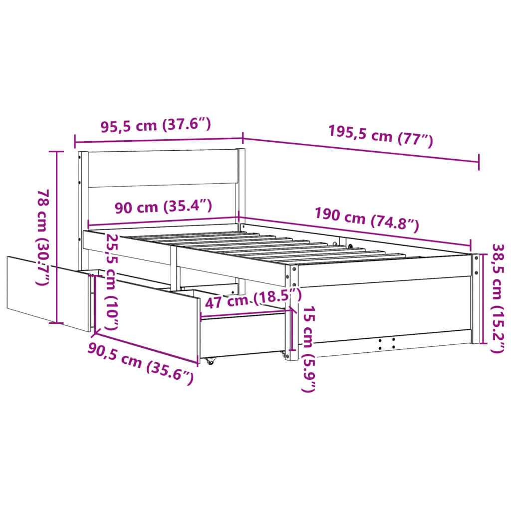 Bedframe zonder matras massief grenenhout wit 90x190 cm