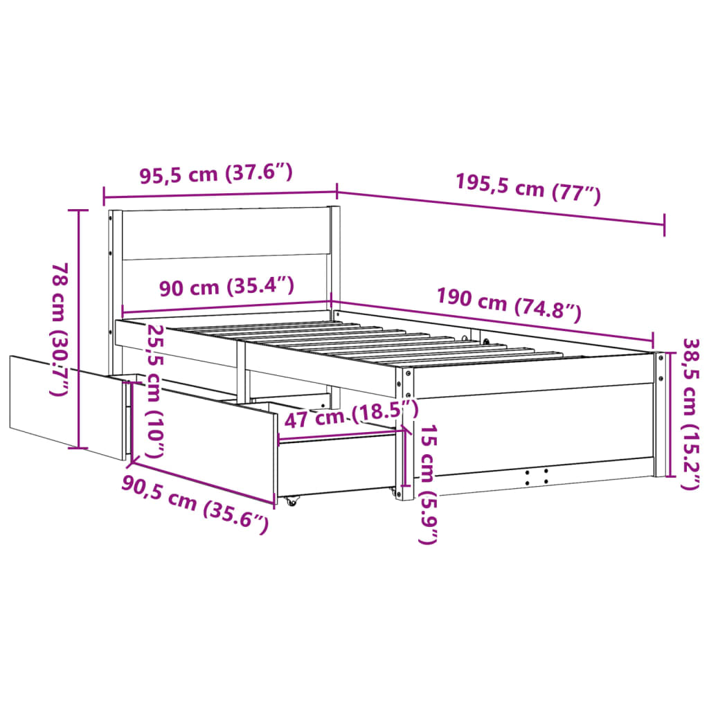 Bedframe met lades massief grenenhout wasbruin 90x190 cm Bedden & bedframes | Creëer jouw Trendy Thuis | Gratis bezorgd & Retour | Trendy.nl