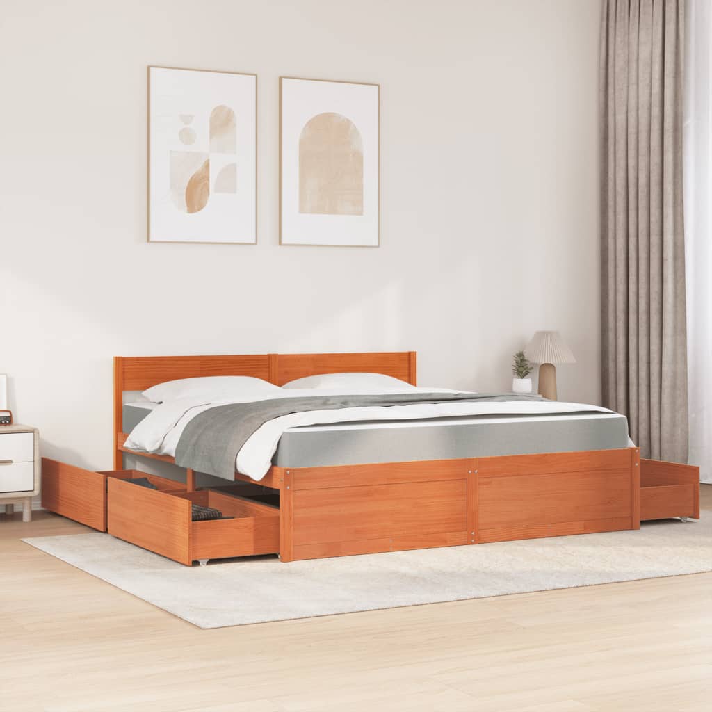 Bed met lades en matras massief grenenhout wasbruin 180x200 cm