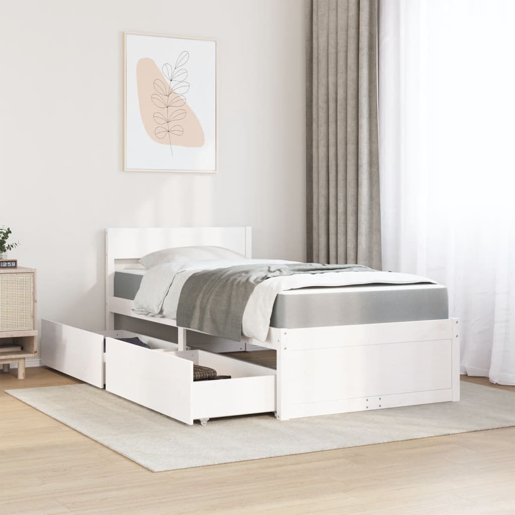 Bed met lades en matras massief grenenhout wit 90x190 cm