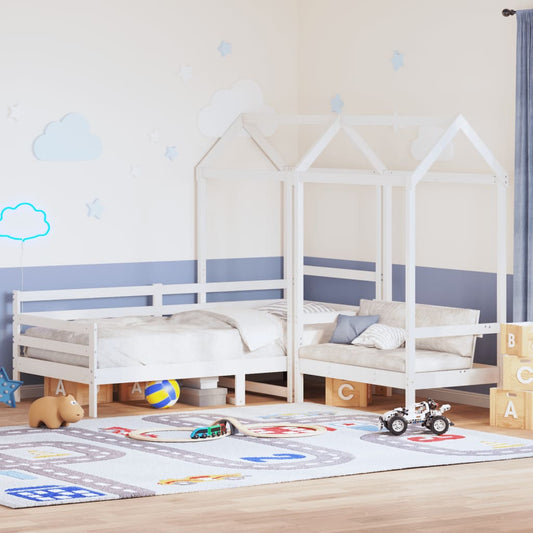 Kinderbed met huisje en bankje massief grenenhout wit 90x200 cm