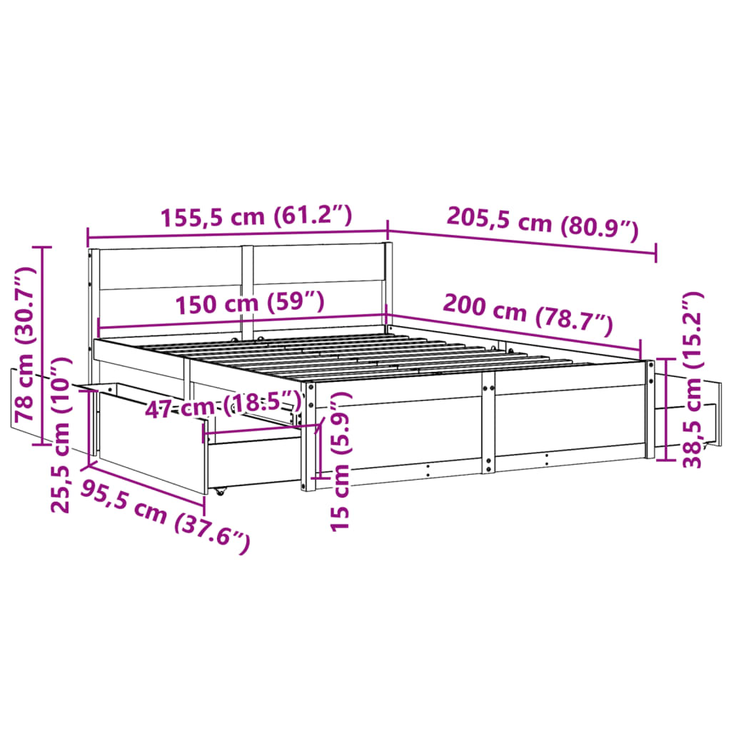 Bedframe zonder matras massief grenenhout 150x200 cm