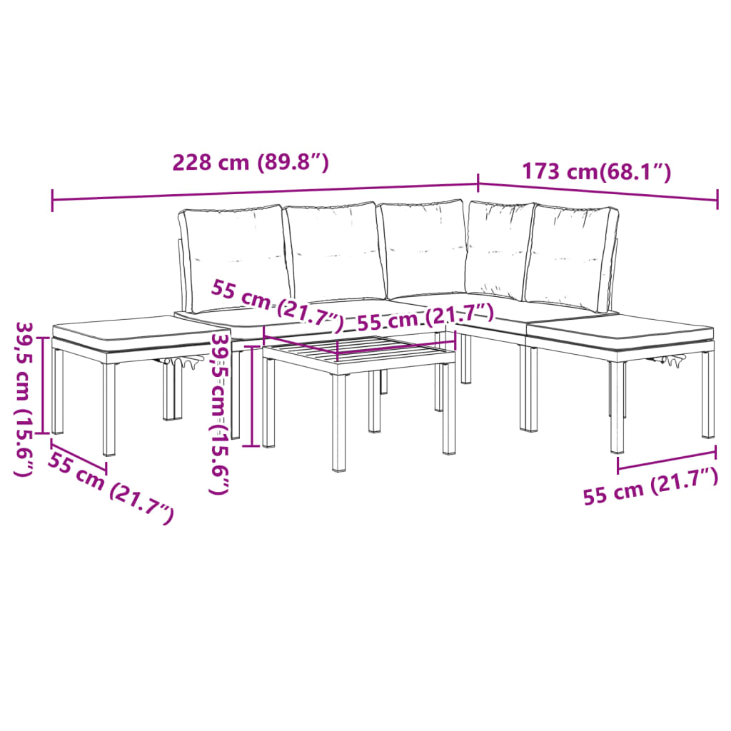 5-delige Loungeset met kussens gepoedercoat staal zwart