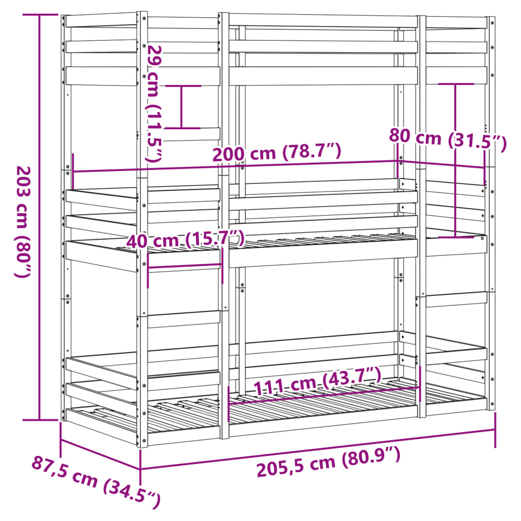 Stapelbed 3-persoons massief grenenhout wasbruin 80x200 cm Bedden & bedframes | Creëer jouw Trendy Thuis | Gratis bezorgd & Retour | Trendy.nl