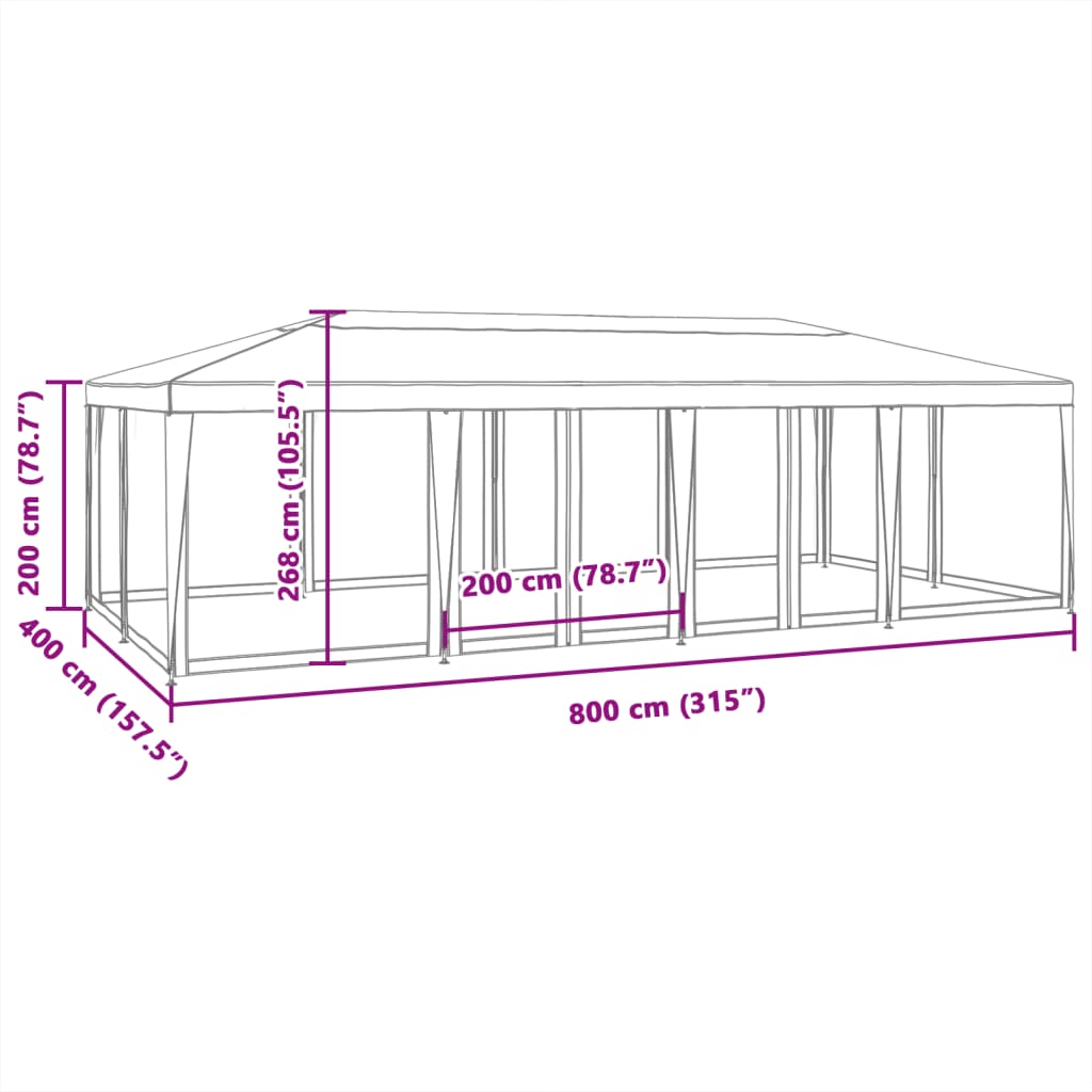 Partytent met 12 mesh zijwanden 8x4 m HDPE blauw