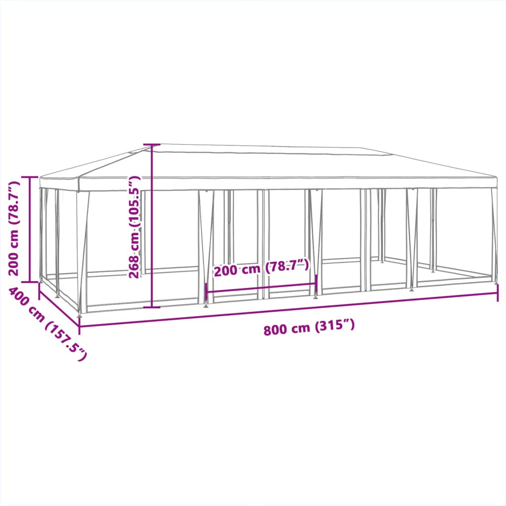 Partytent met 12 mesh zijwanden 8x4 m HDPE rood