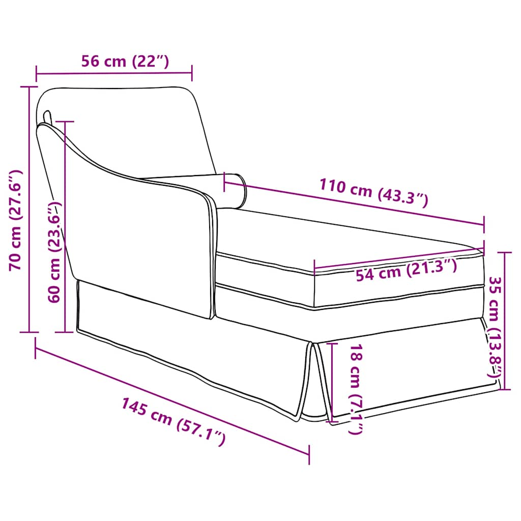 Chaise longue met bolster en rechterarmleuning fluweel crème