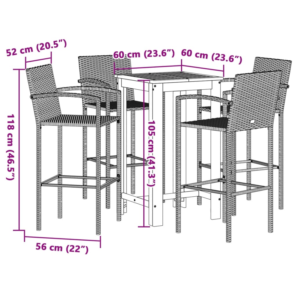 5-delige Tuinbarset massief acaciahout en poly rattan bruin Tuinsets | Creëer jouw Trendy Thuis | Gratis bezorgd & Retour | Trendy.nl