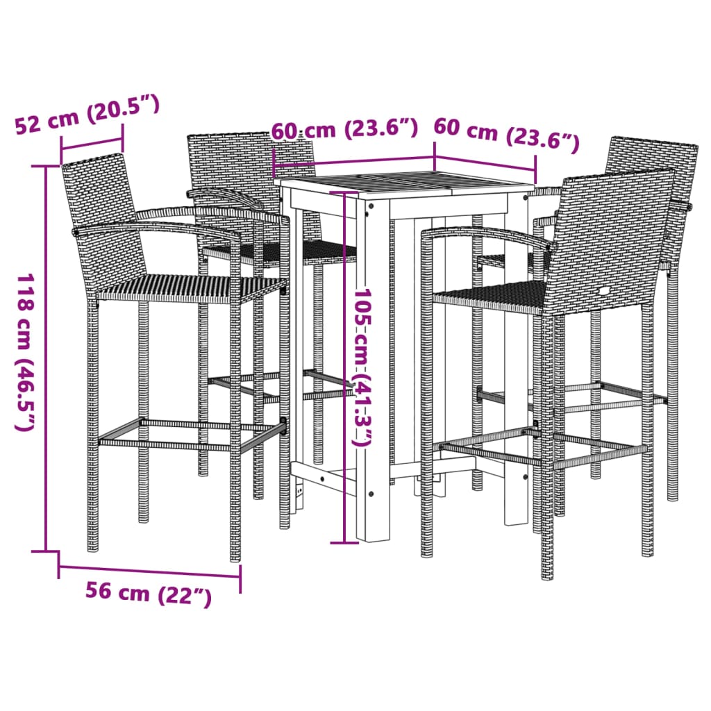 5-delige Tuinbarset massief acaciahout en poly rattan grijs Tuinsets | Creëer jouw Trendy Thuis | Gratis bezorgd & Retour | Trendy.nl