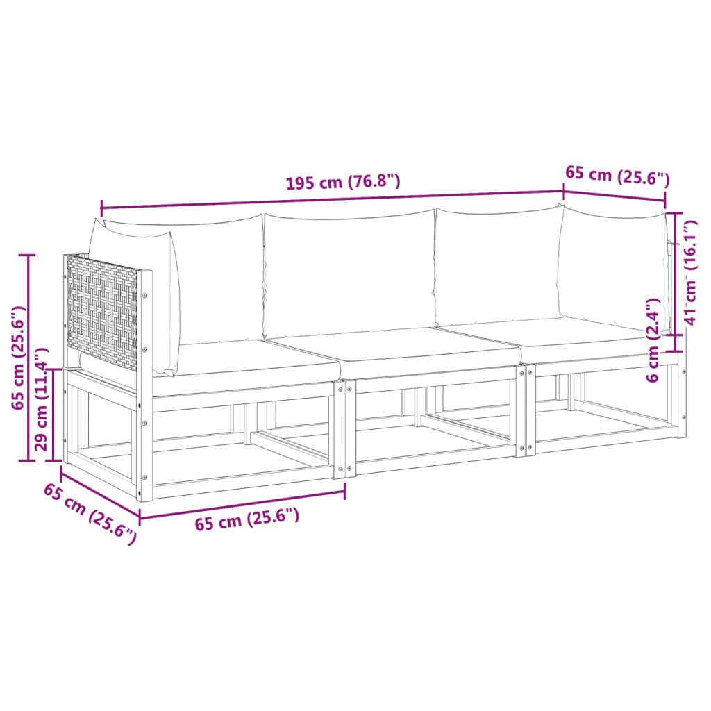 3-delige Loungeset met kussens massief acaciahout