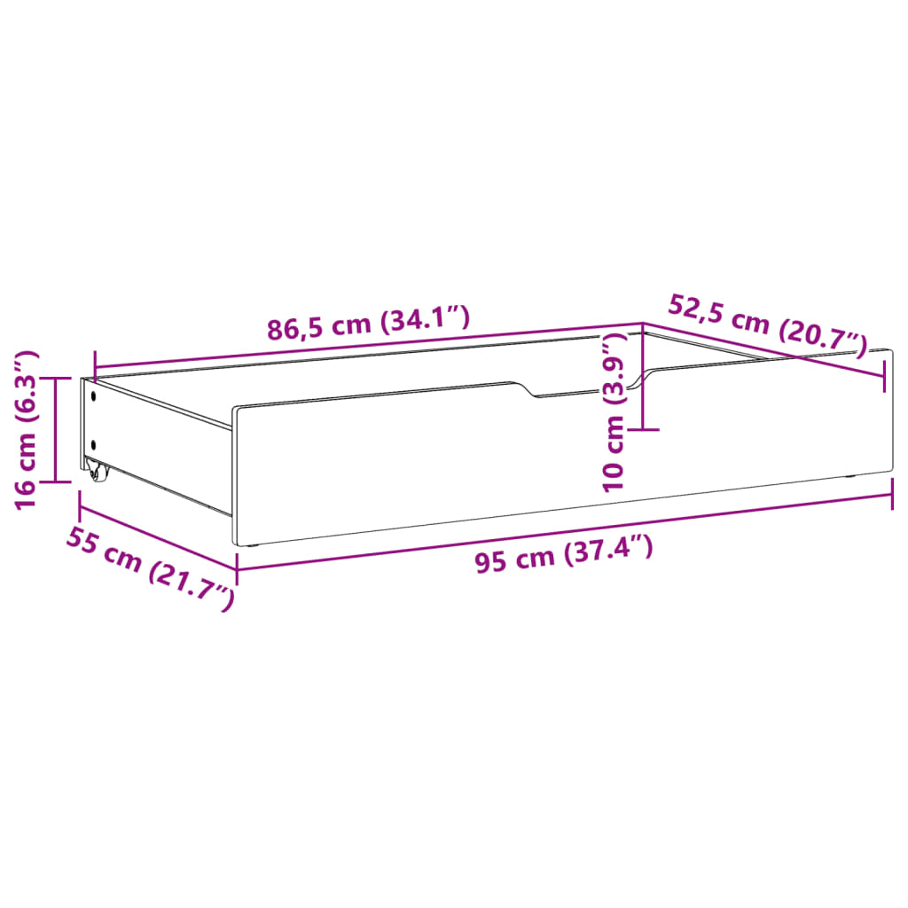 Bedlades 2 st met wieltjes 95x55x16 cm massief grenenhout Opbergladen voor huishoudelijke artikelen | Creëer jouw Trendy Thuis | Gratis bezorgd & Retour | Trendy.nl