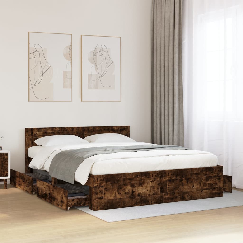 Bedframe met hoofdeinde bewerkt hout gerookt eiken 160x200 cm Bedden & bedframes | Creëer jouw Trendy Thuis | Gratis bezorgd & Retour | Trendy.nl