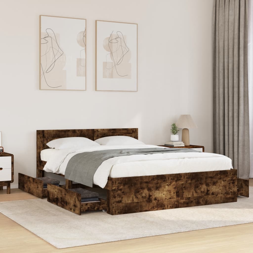 Bedframe met hoofdeinde bewerkt hout gerookt eiken 120x200 cm Bedden & bedframes | Creëer jouw Trendy Thuis | Gratis bezorgd & Retour | Trendy.nl