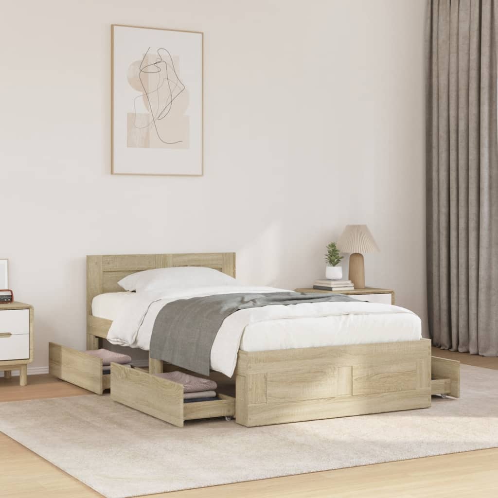 Bedframe met hoofdbord bewerkt hout sonoma eiken 75x190 cm Bedden & bedframes | Creëer jouw Trendy Thuis | Gratis bezorgd & Retour | Trendy.nl