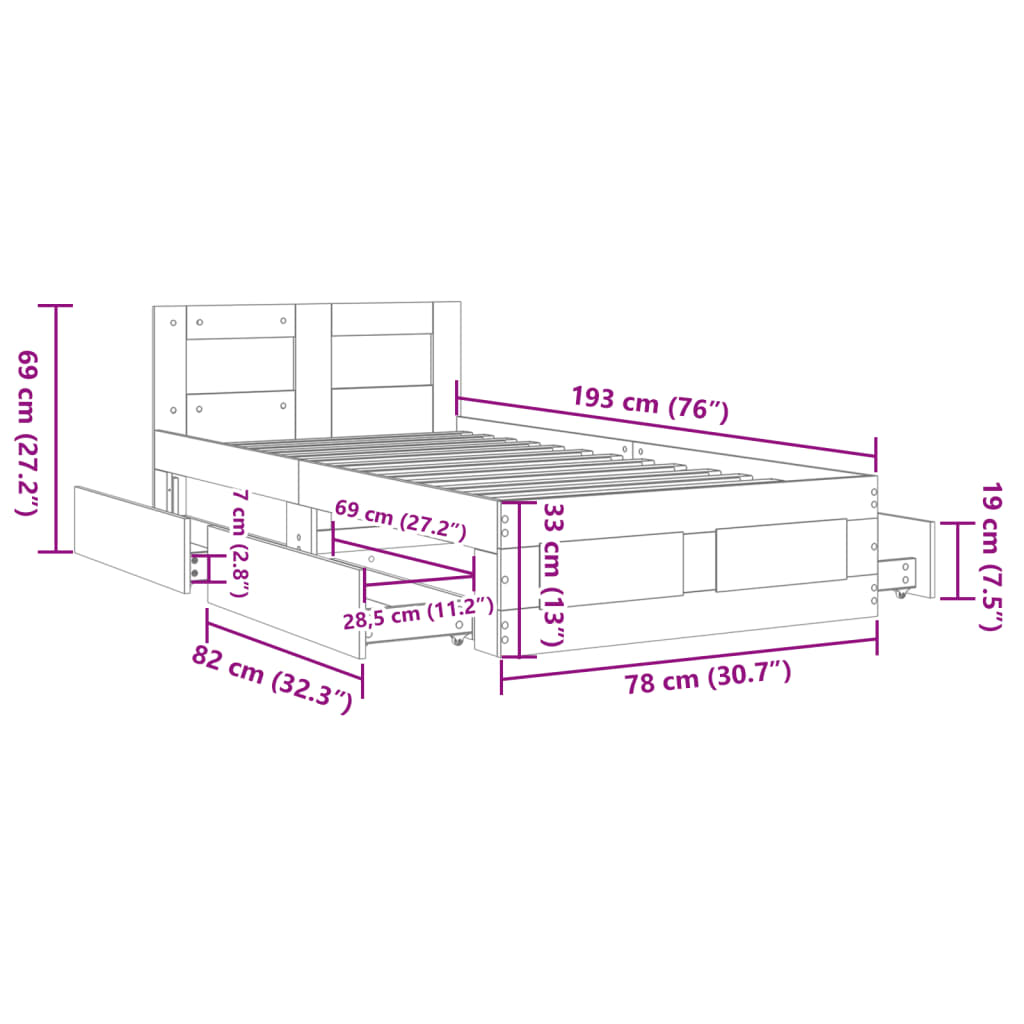 Bedframe met hoofdbord bewerkt hout sonoma eiken 75x190 cm Bedden & bedframes | Creëer jouw Trendy Thuis | Gratis bezorgd & Retour | Trendy.nl