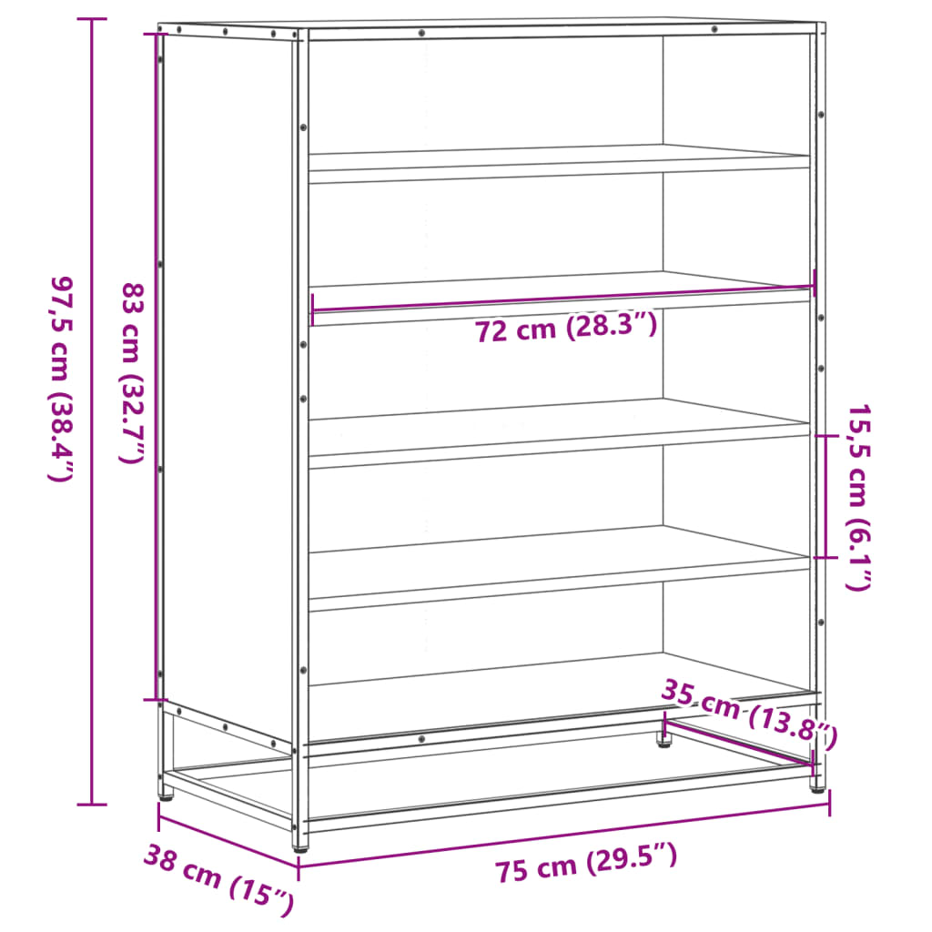 Schoenenkast 75x38x97,5 cm bewerkt hout en metaal gerookt eiken