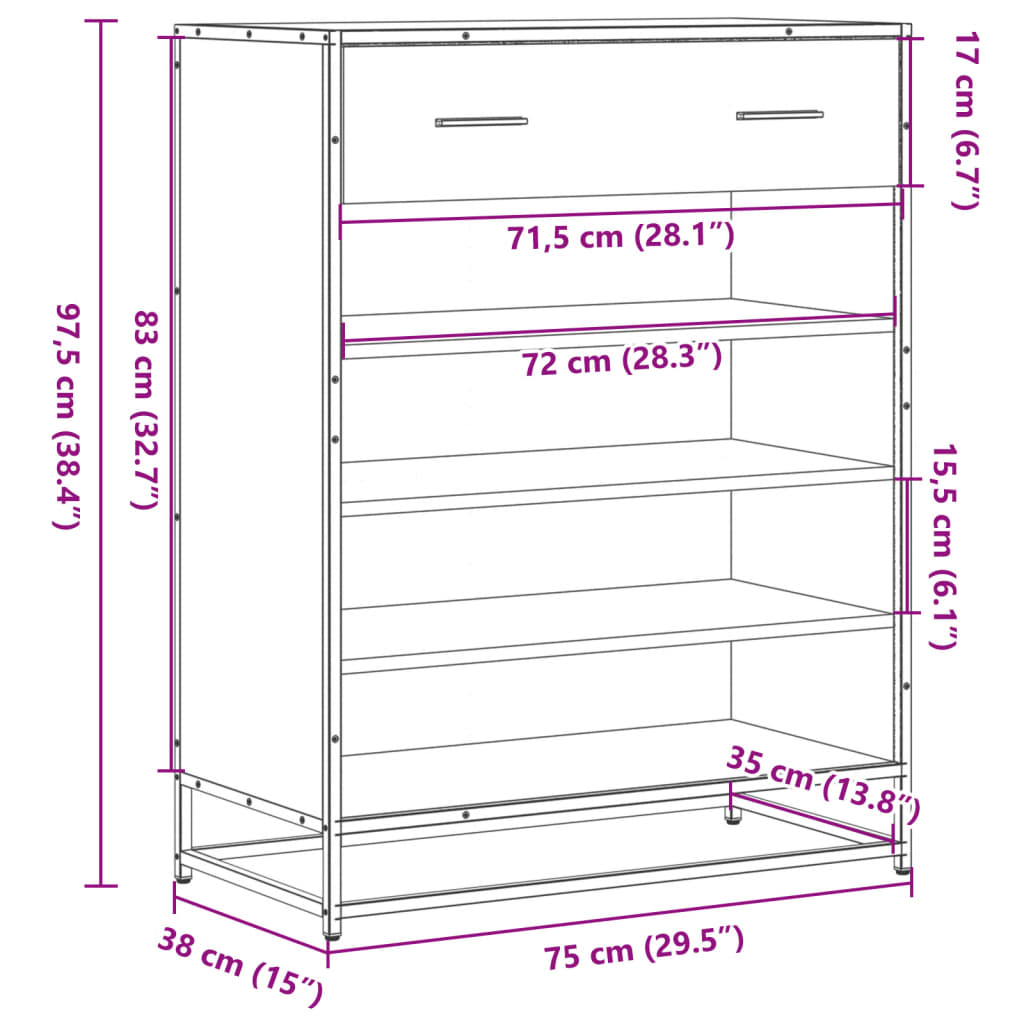 Schoenenkast 75x38x97,5 cm bewerkt hout en metaal zwart