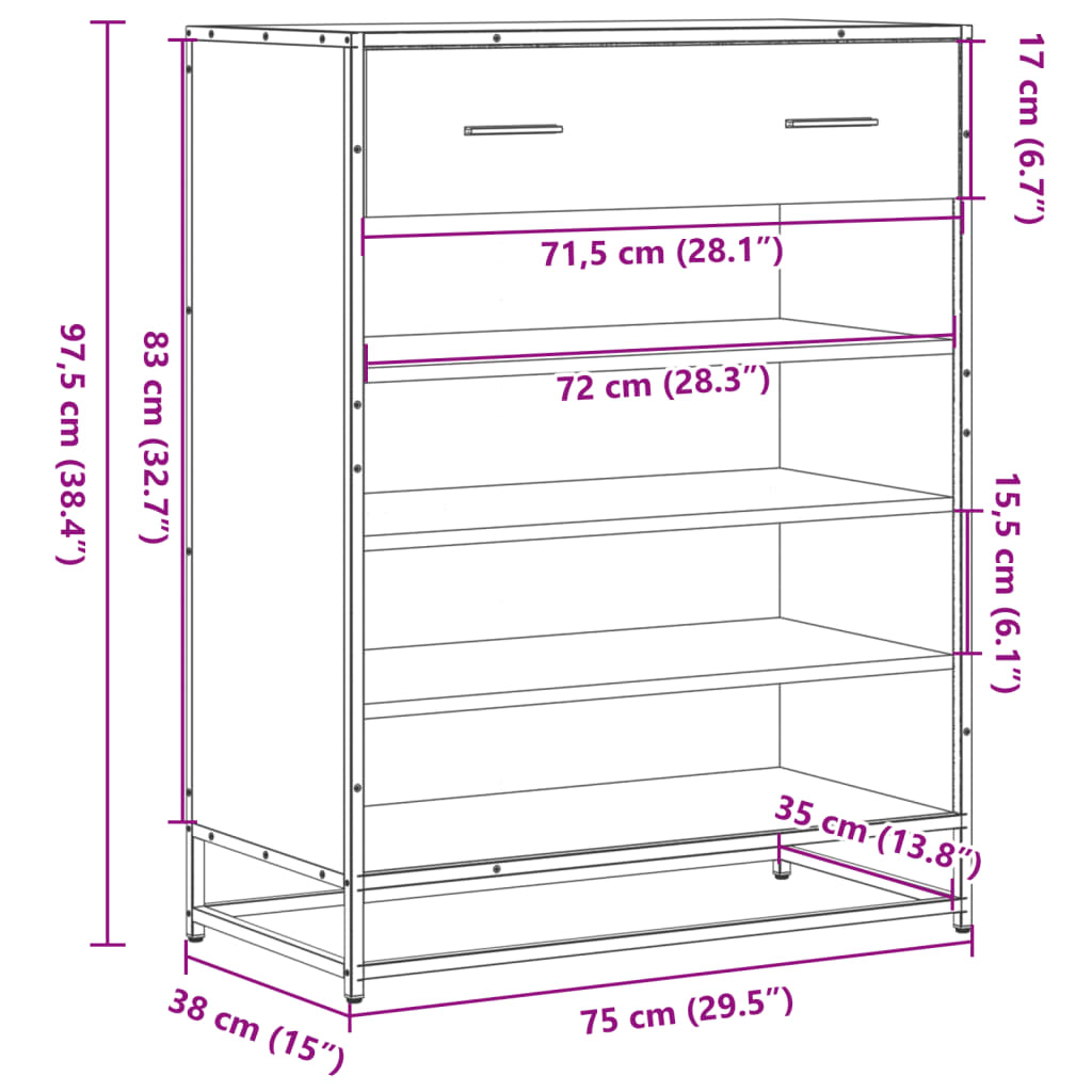 Schoenenkast 75x38x97,5 cm bewerkt hout en metaal grijs sonoma