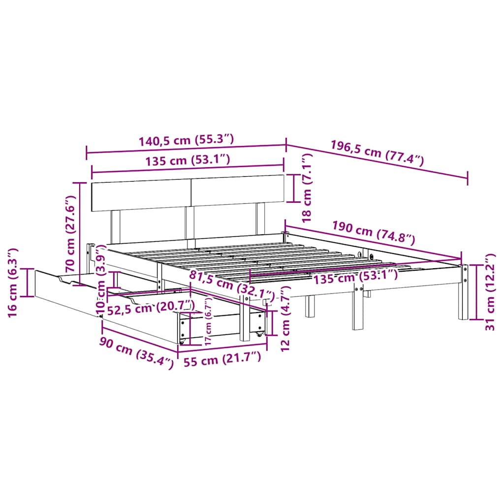 Bedframe zonder matras massief grenenhout 135x190 cm