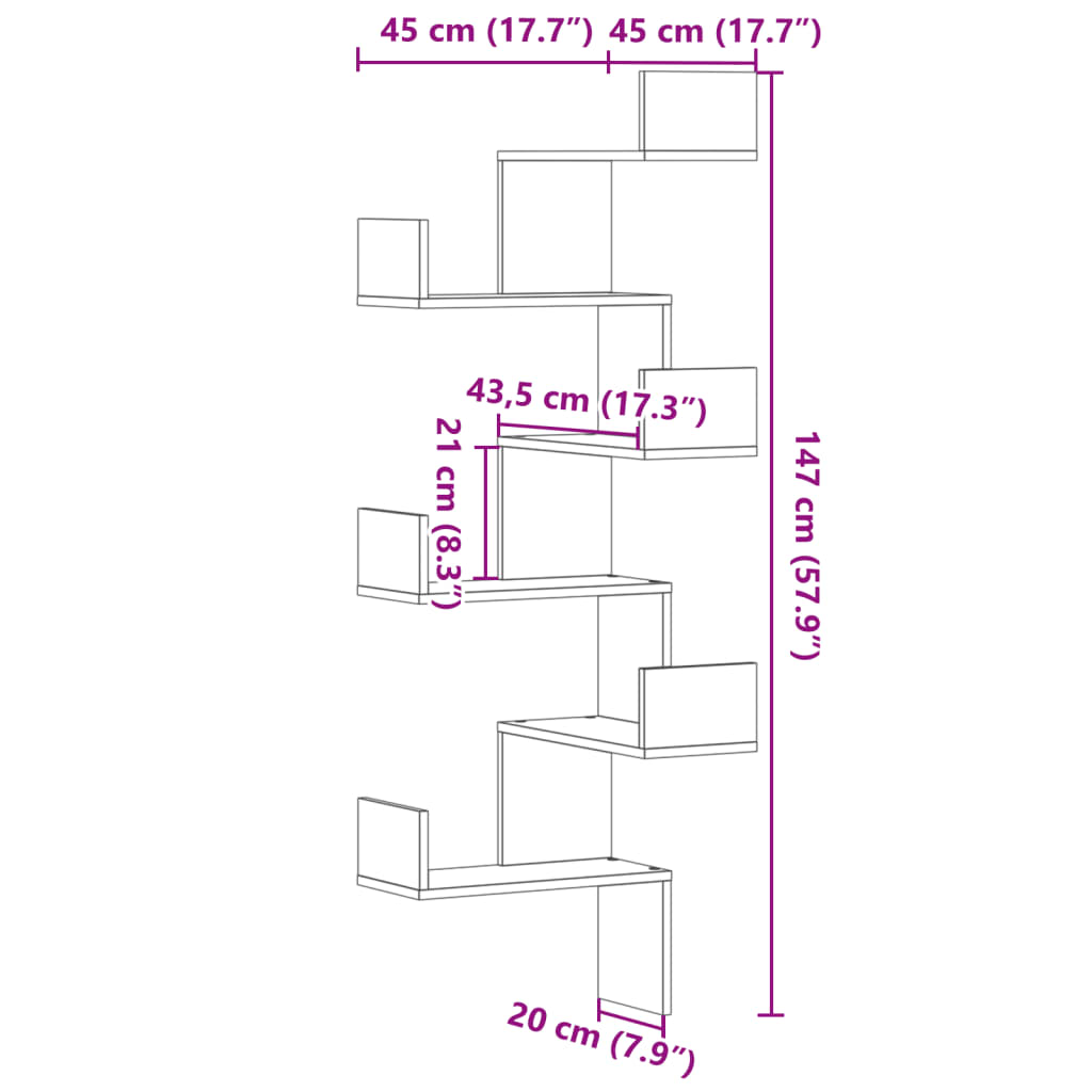 Hoekwandschap 45x45x147 cm bewerkt hout sonoma eikenkleurig Wandplanken | Creëer jouw Trendy Thuis | Gratis bezorgd & Retour | Trendy.nl