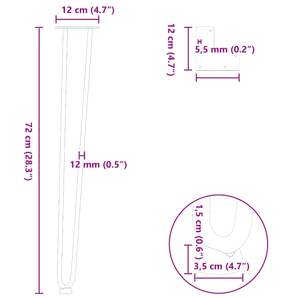 Haarspeld tafelpoten 4 st 72 cm massief staal zwart