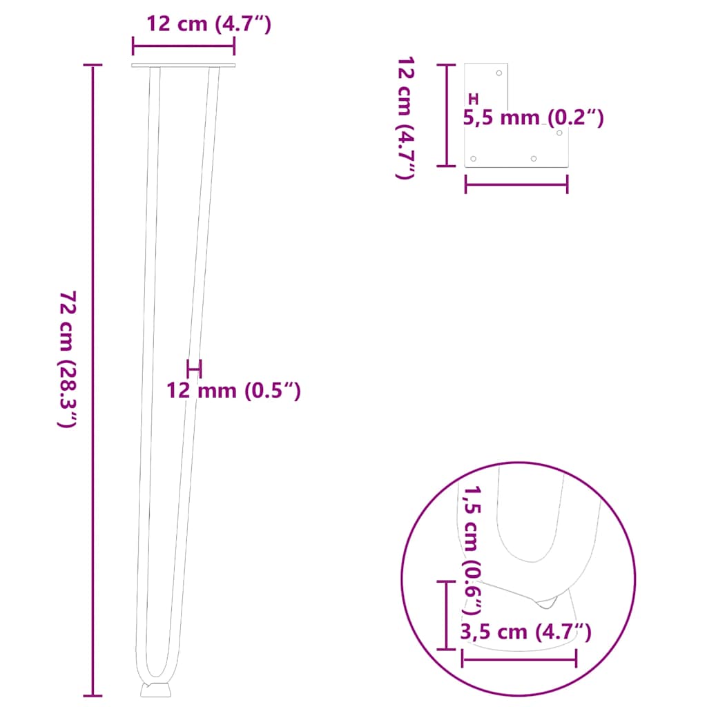 Haarspeld tafelpoten 4 st 72 cm massief staal wit