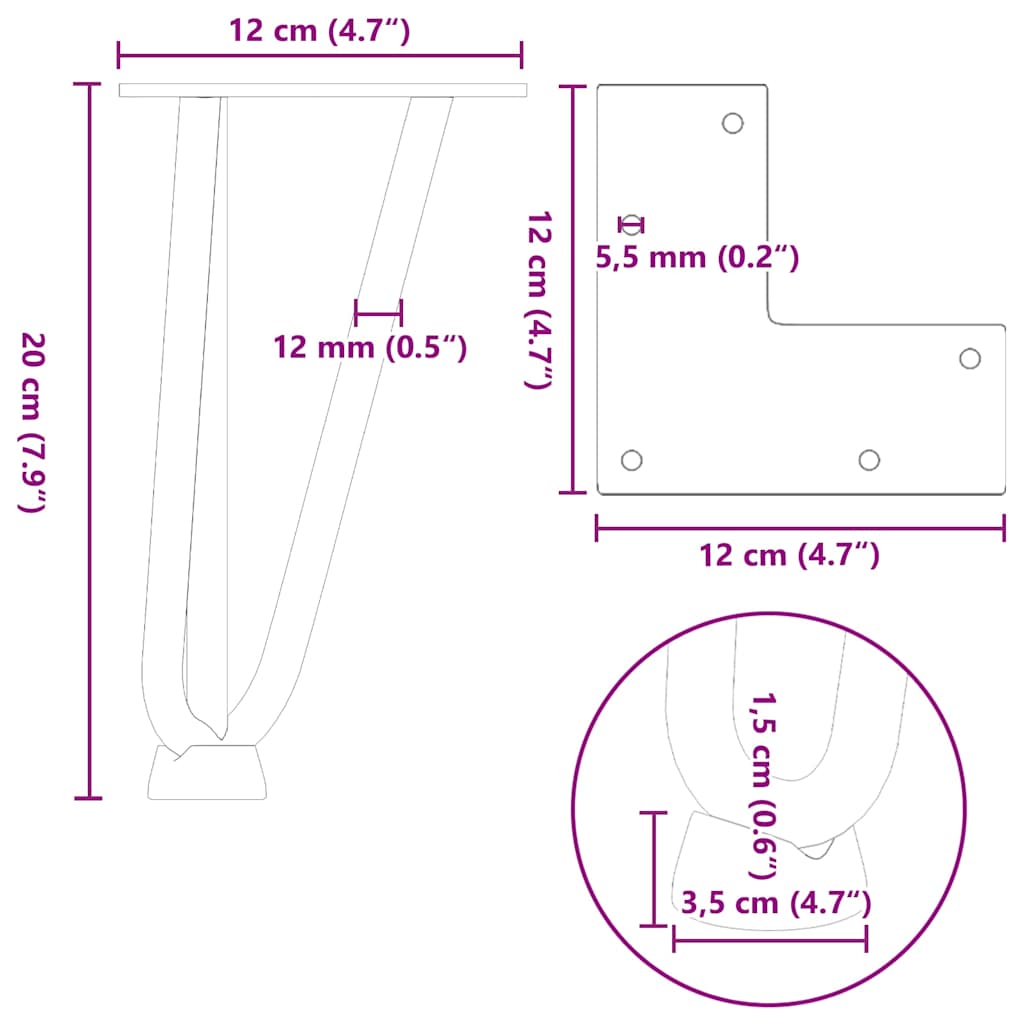 Haarspeld tafelpoten 4 st 20 cm massief staal wit