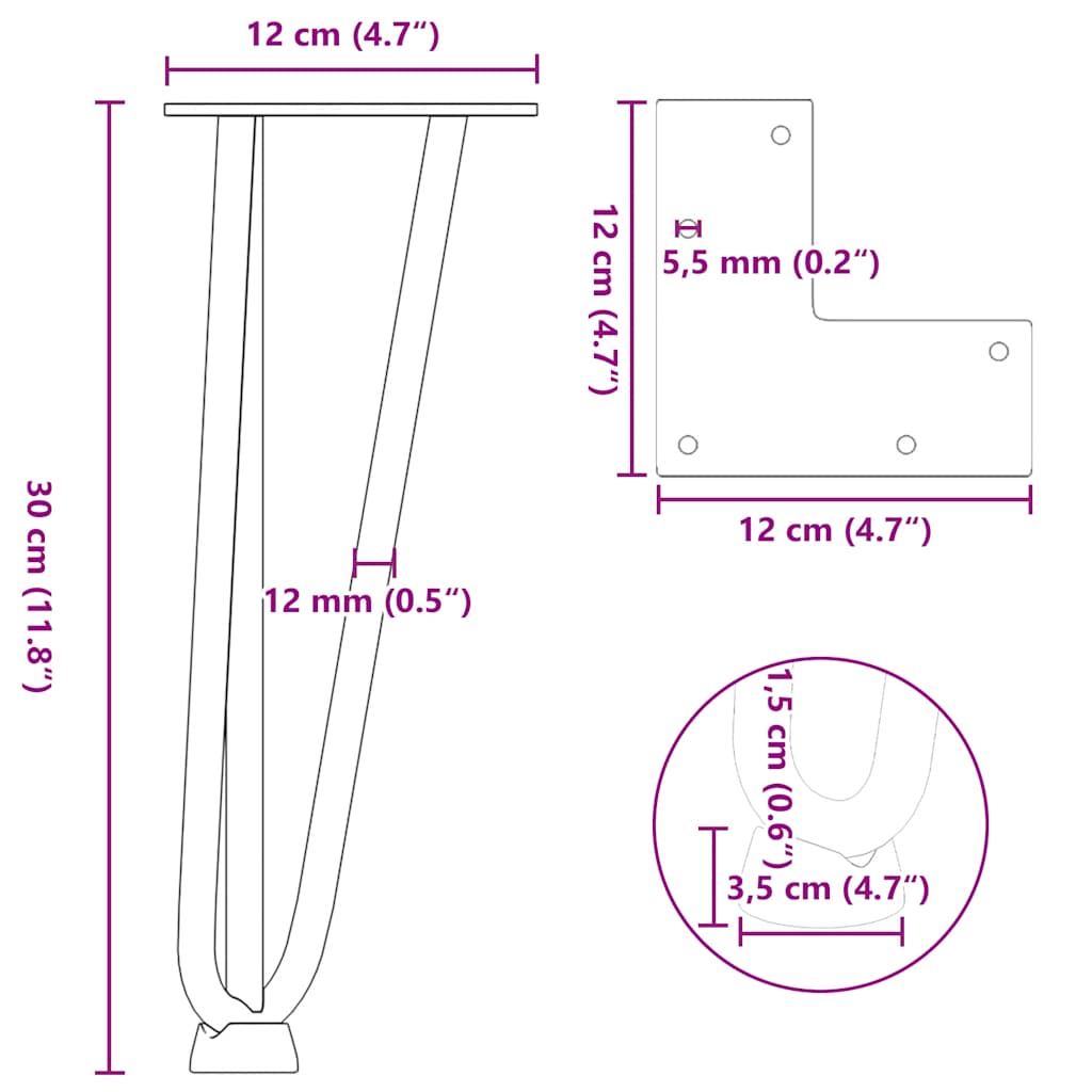 Haarspeld tafelpoten 4 st 30 cm massief staal wit