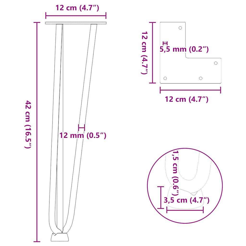 Haarspeld tafelpoten 4 st 42 cm massief staal antracietkleurig