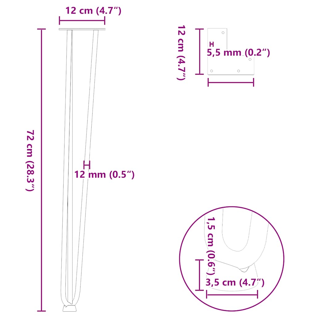 Haarspeld tafelpoten 4 st 72 cm massief staal wit