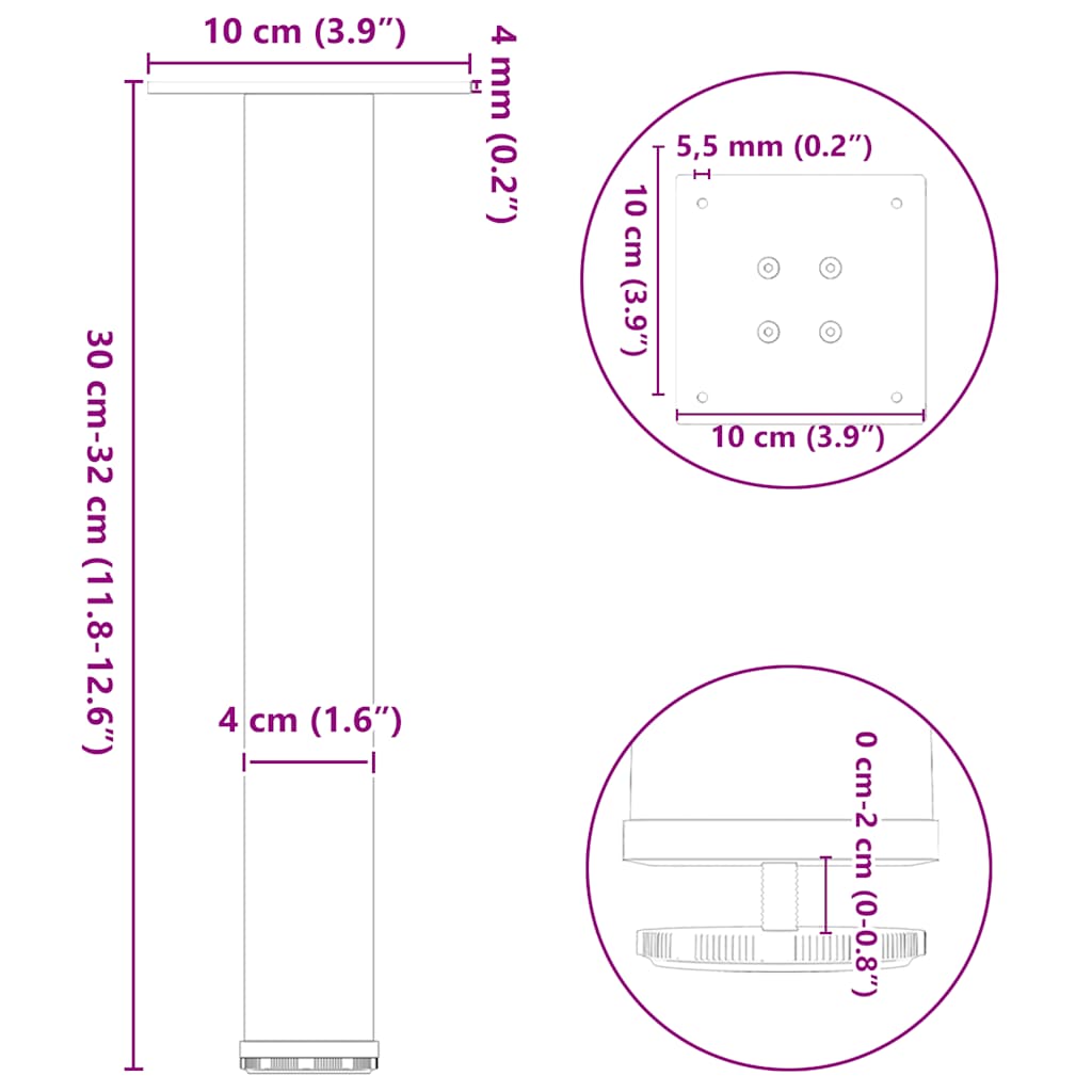 Salontafelpoten 4 st 30-32 cm staal wit