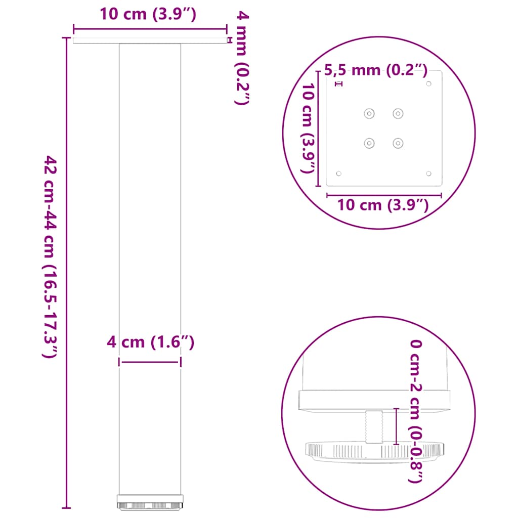 Salontafelpoten 4 st 42-44 cm staal wit