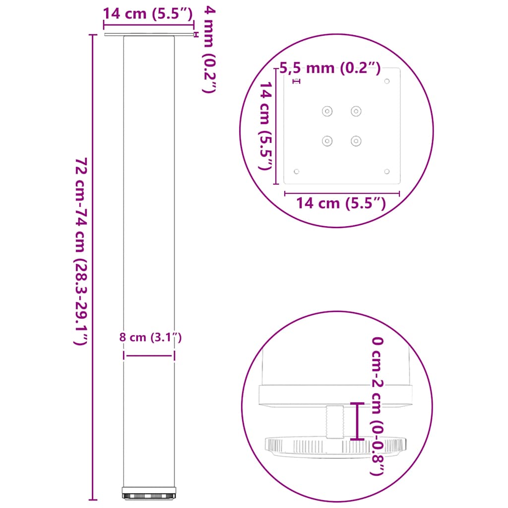 Salontafelpoten 4 st 72-74 cm staal zwart