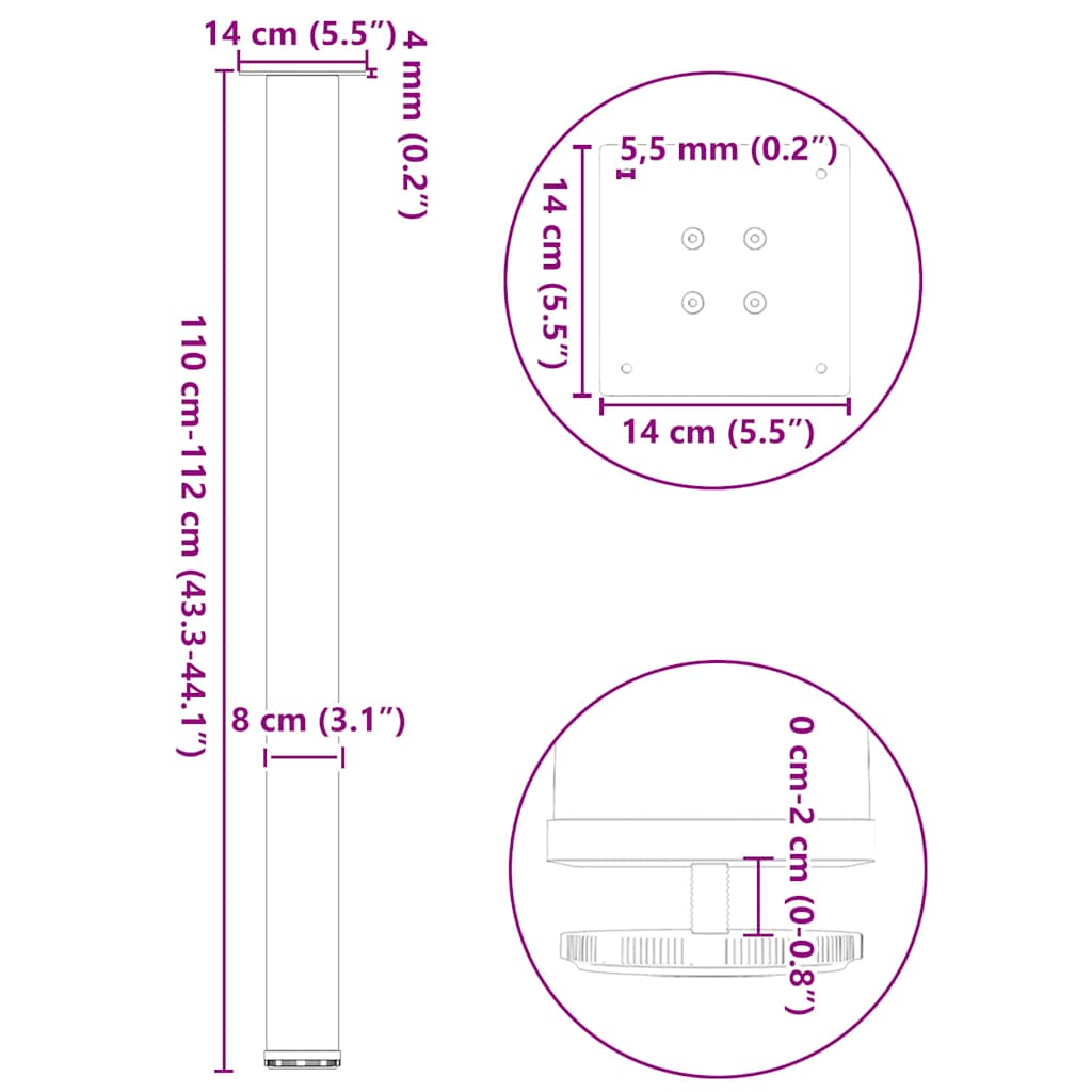 Salontafelpoten 4 st 110-112 cm staal wit