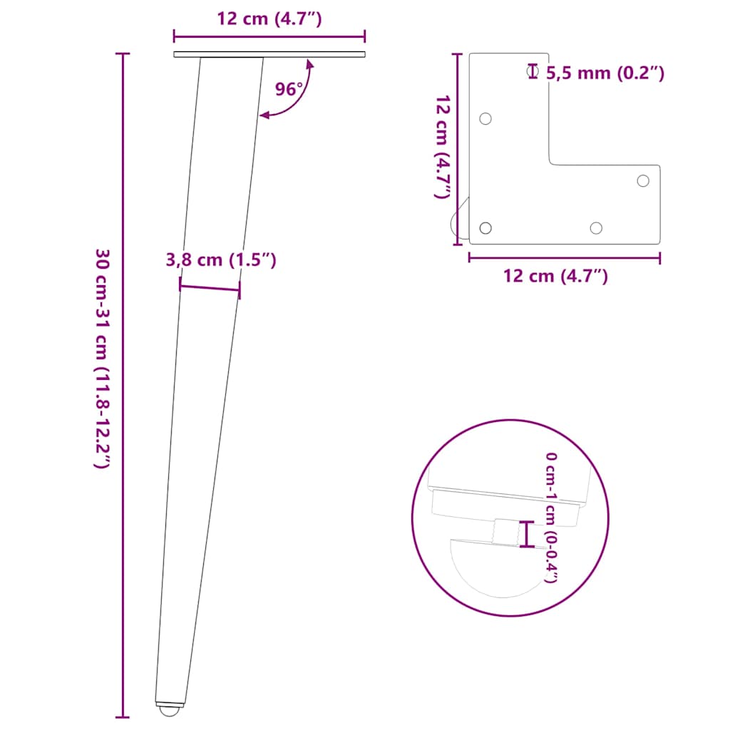 Salontafelpoten conische vorm 4 st 30-31 cm staal zwart