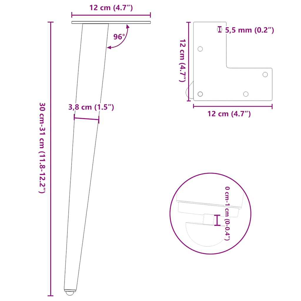 Salontafelpoten conische vorm 4 st 30-31 cm staal wit