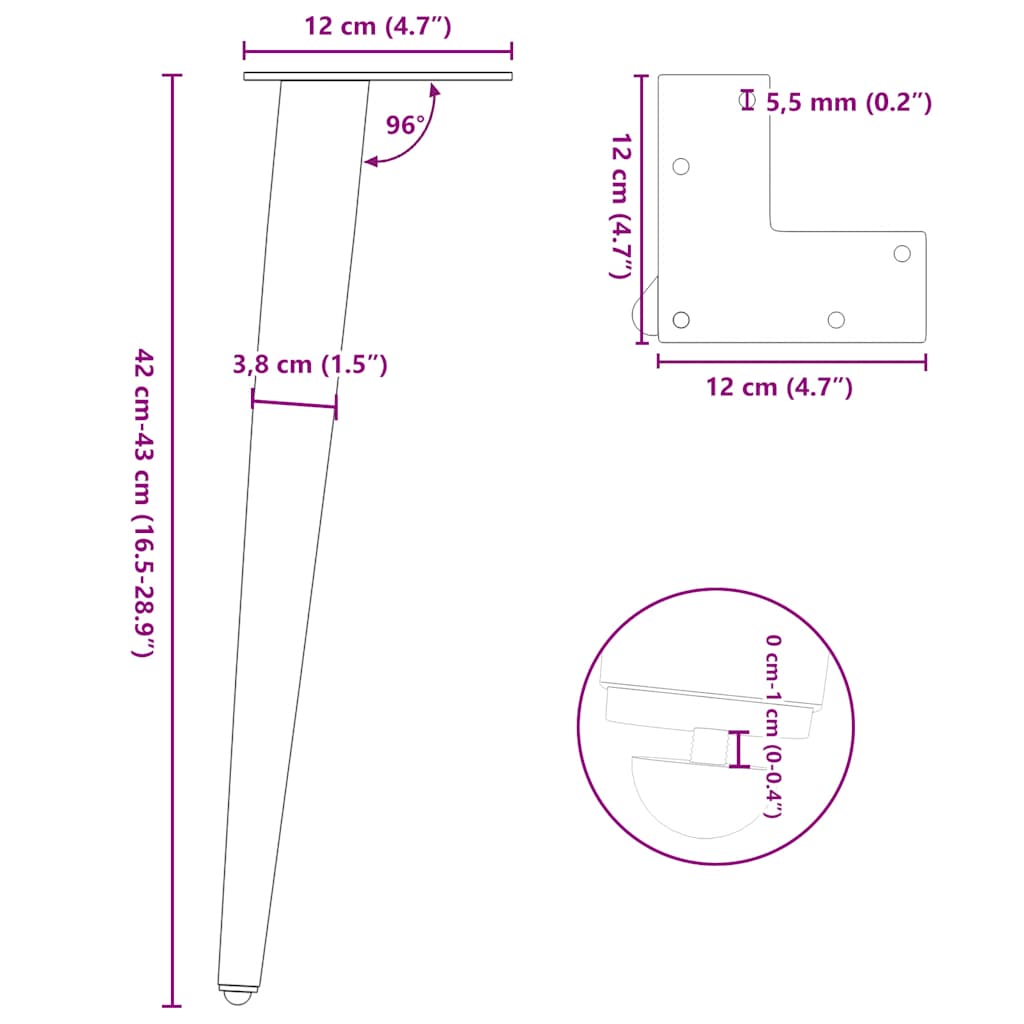 Salontafelpoten conische vorm 4 st 42-43 cm staal zwart