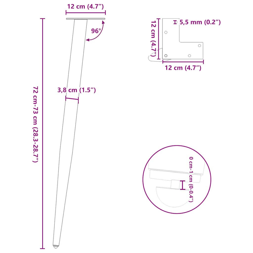 Salontafelpoten conische vorm 4 st 72-73 cm staal wit