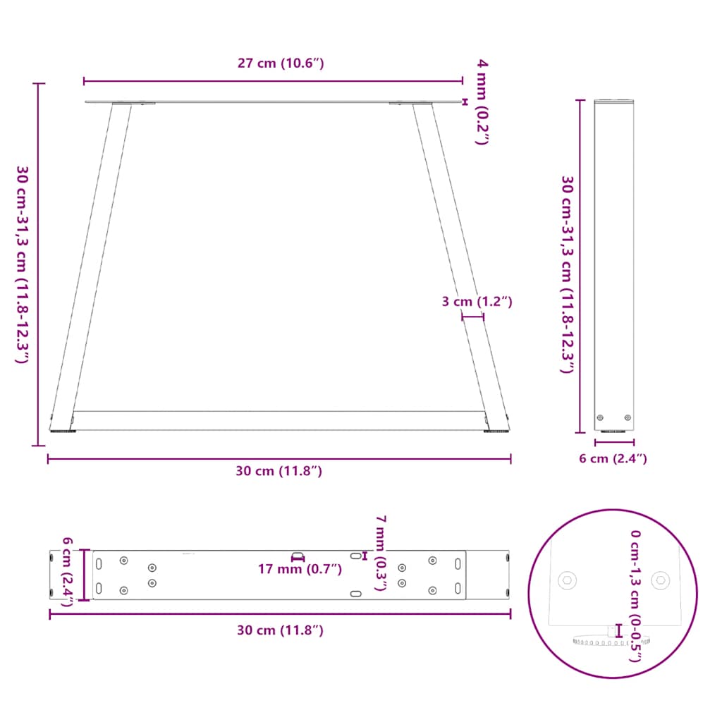 Eettafelpoten 2 st V-vormig 30x(30-31,3) cm staal zwart