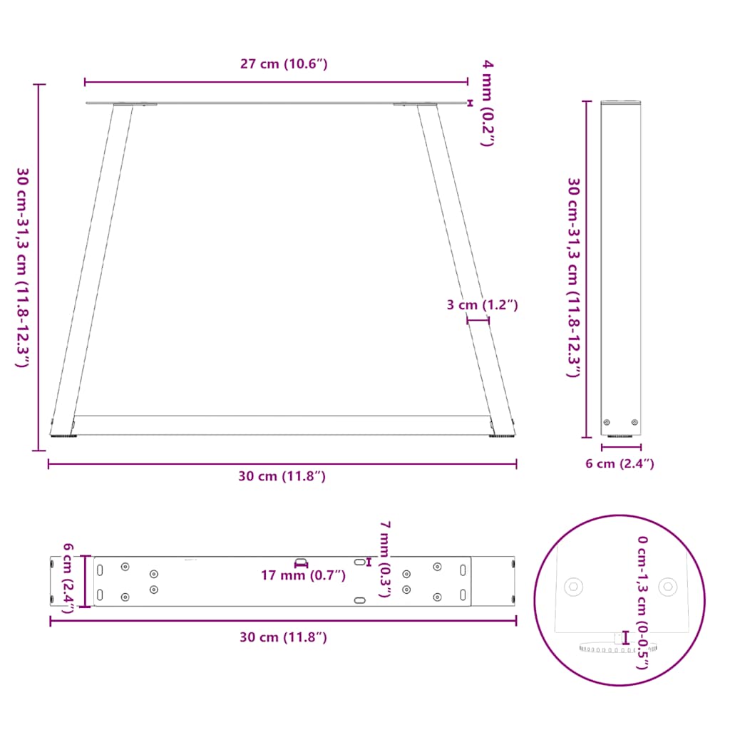 Eettafelpoten 2 st V-vormig 30x(30-31,3) cm staal wit