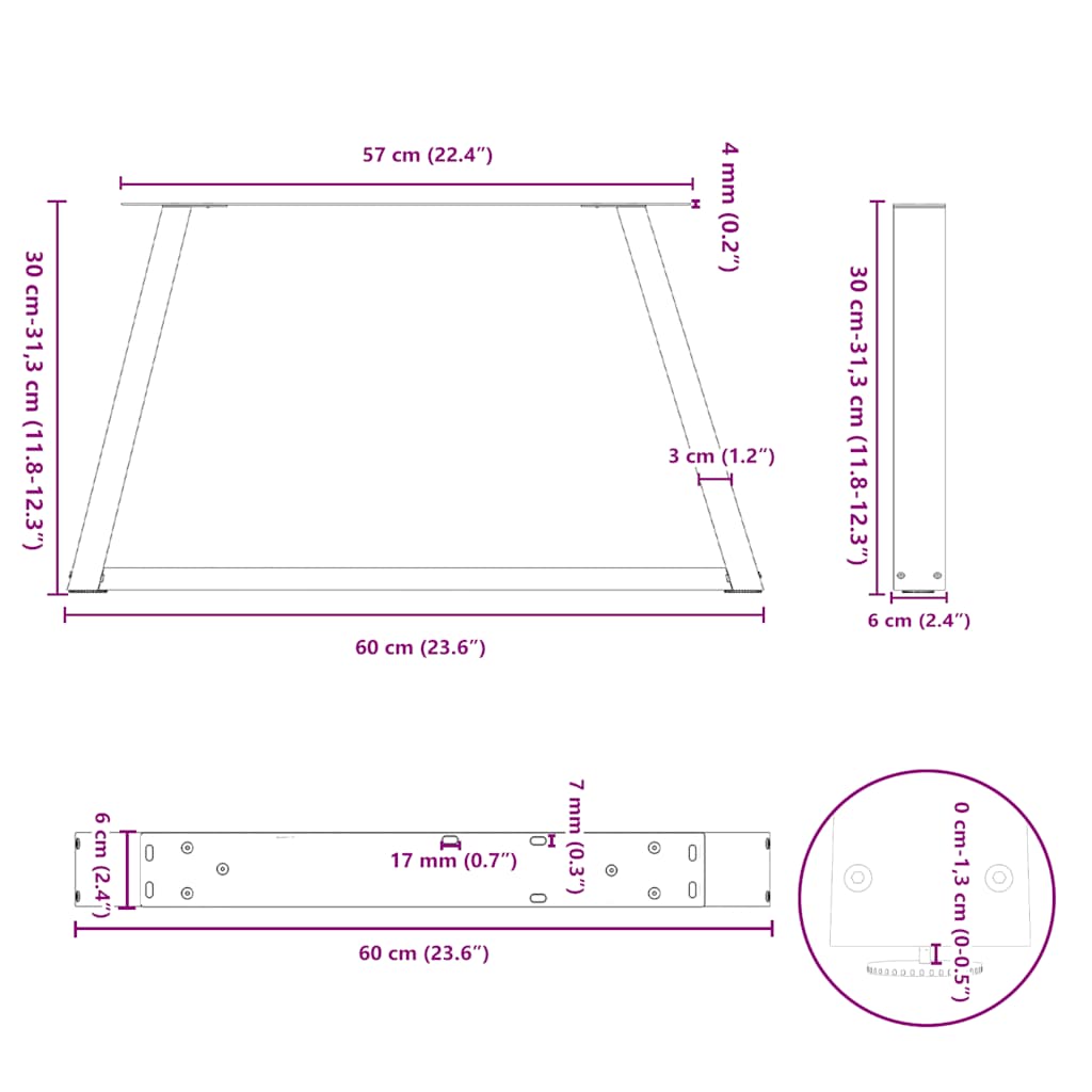 Eettafelpoten 2 st V-vormig 60x(30-31,3) cm staal zwart