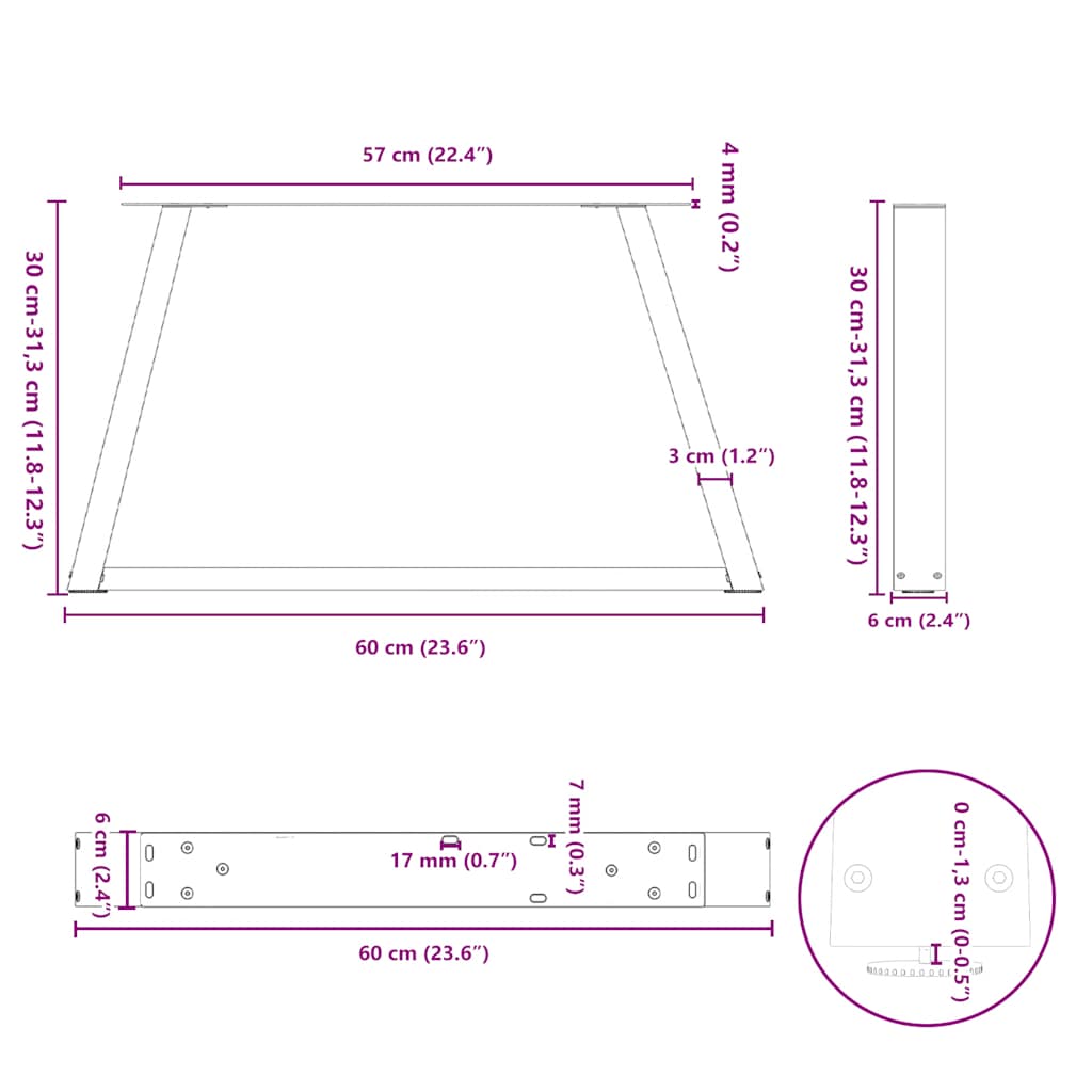 Eettafelpoten 2 st V-vormig 60x(30-31,3) cm staal naturel