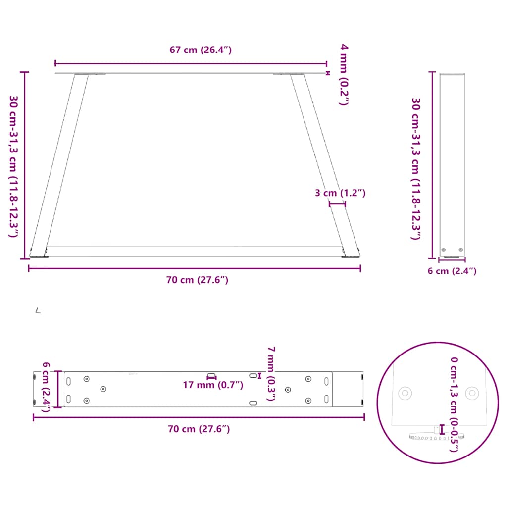 Eettafelpoten 2 st V-vormig 70x(30-31,3) cm staal zwart