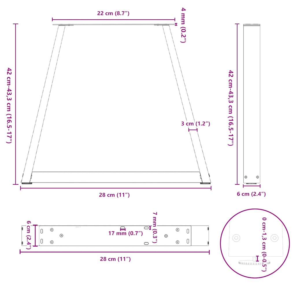 Eettafelpoten 2 st V-vormig 28x(42-43,3) cm staal zwart