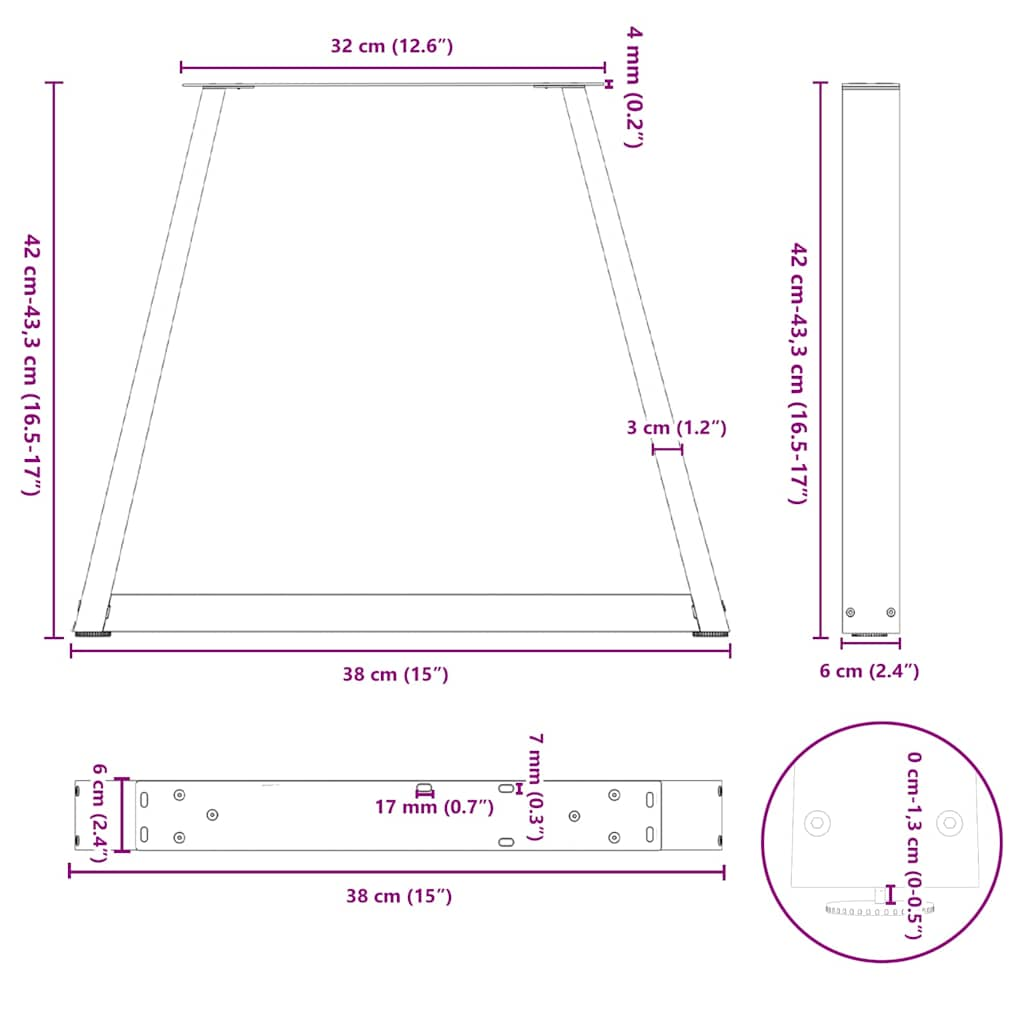 Eettafelpoten 2 st V-vormig 38x(42-43,3) cm staal antraciet