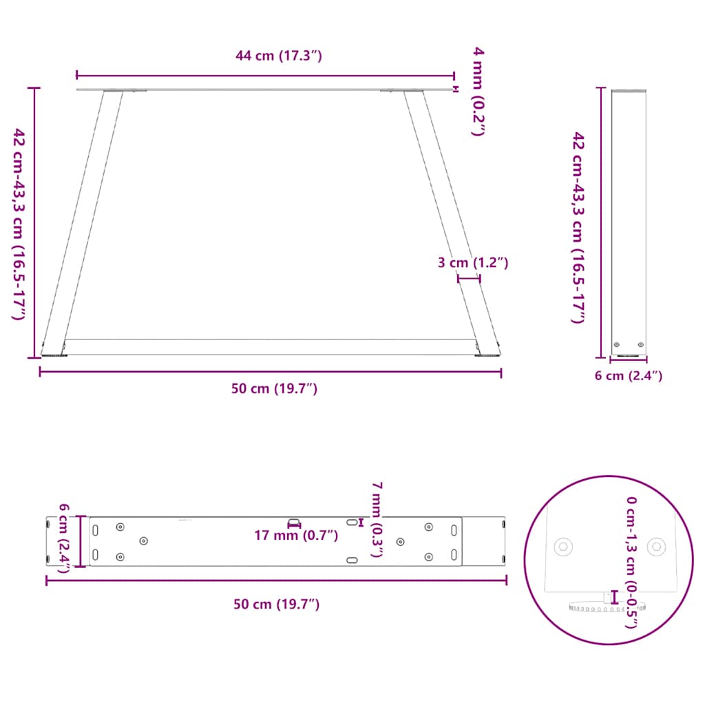 Eettafelpoten 2 st V-vormig 50x(42-43,3) cm staal zwart