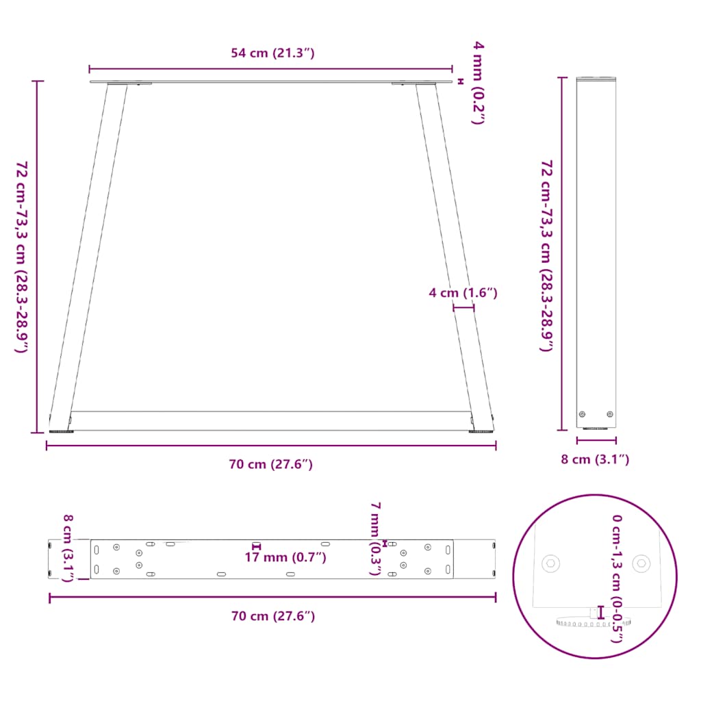 Eettafelpoten 2 st V-vormig 70x(72-73,3) cm staal wit