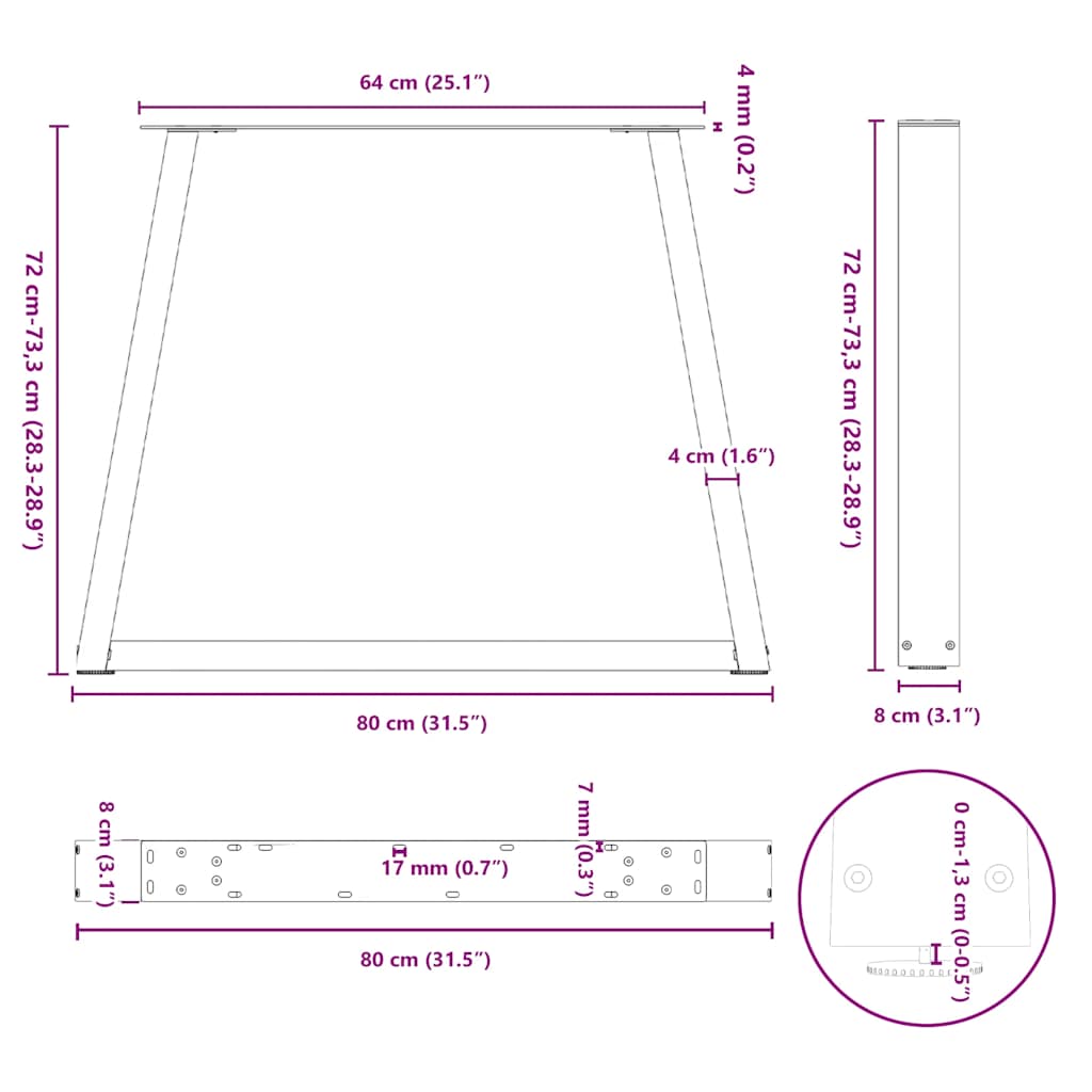 Eettafelpoten 2 st V-vormig 80x(72-73,3) cm staal zwart